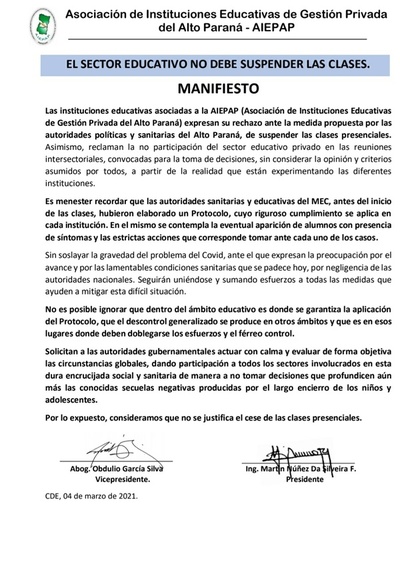 AIEPAP rechaza propuesta de autoridades de suspender clases presenciales - ADN Digital