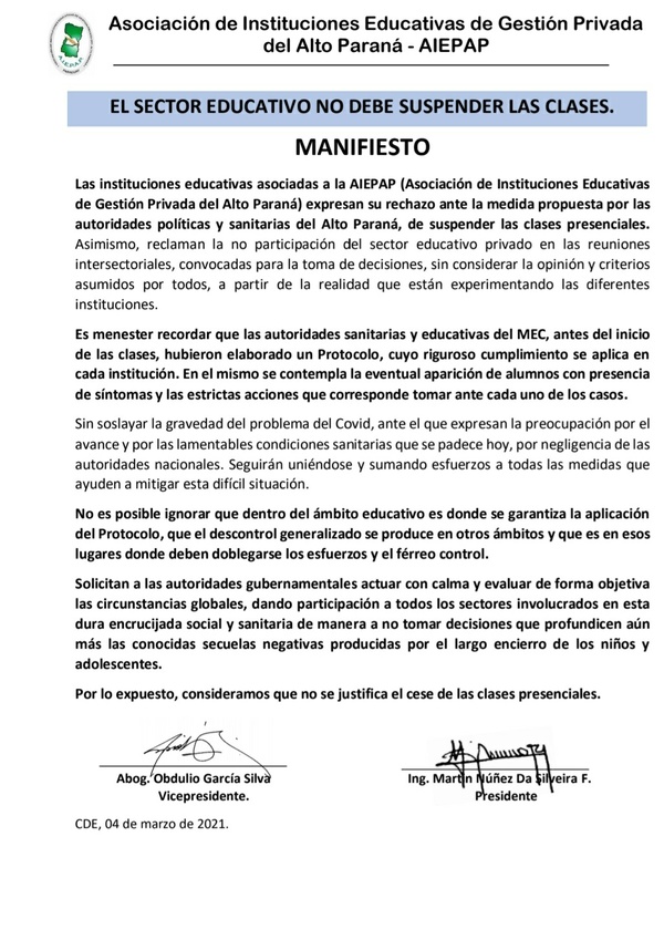 AIEPAP rechaza propuesta de autoridades de suspender clases presenciales - ADN Digital