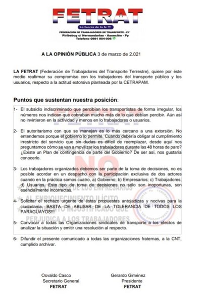 Fetrat califica de extorsiva la medida de empresarios del transporte público de ir a un paro - Nacionales - ABC Color