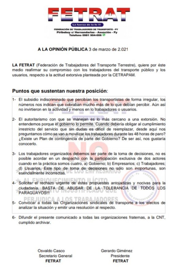 Fetrat califica de extorsiva la medida de empresarios del transporte público de ir a un paro - Nacionales - ABC Color