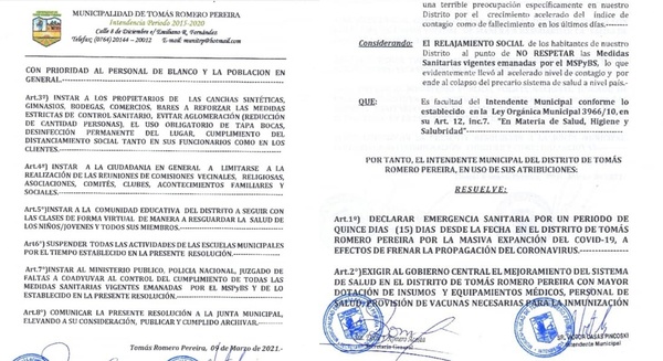 EMERGENCIA SANITARIA EN EL DISTRITO DE TOMÁS R.PEREIRA