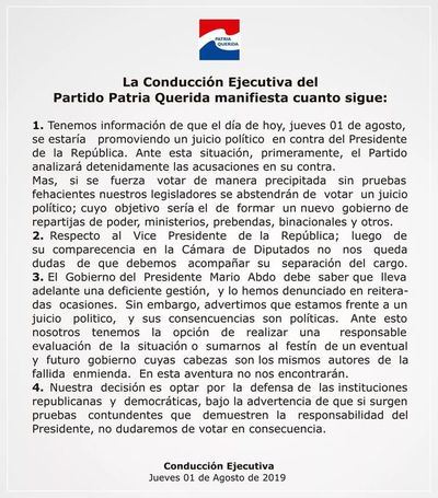 Patria Querida omoirû pytyvõ juicio político ombotovéva Abdo ha Velázquez - ABC Remiandu - ABC Color