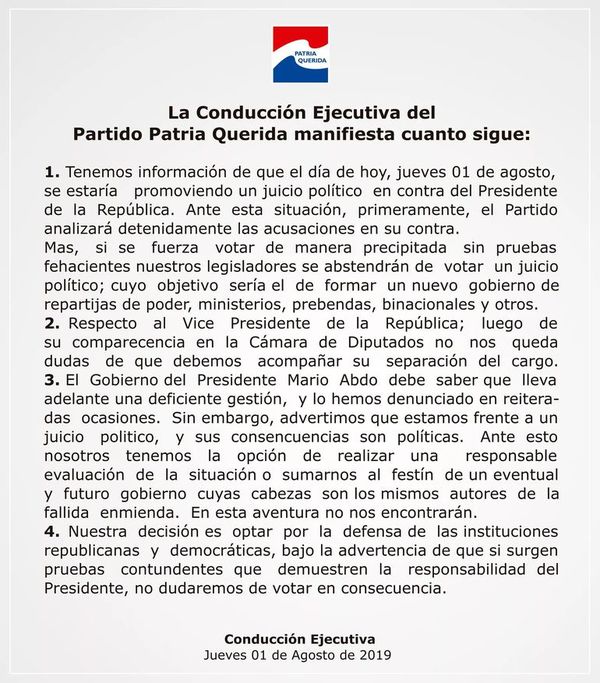 Patria Querida omoirû pytyvõ juicio político ombotovéva Abdo ha Velázquez - ABC Remiandu - ABC Color