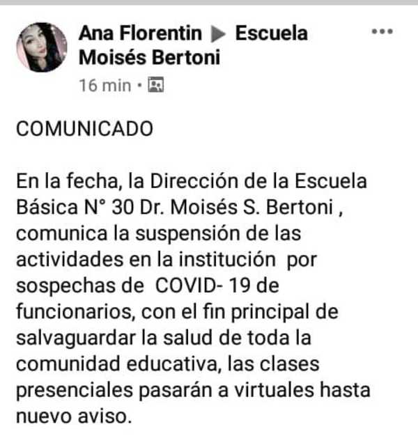 Suspenden clases presenciales en escuela de Franco