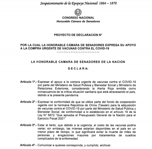 Senado declara "conformidad" con reasignación de préstamo no reembolsable de Taiwán para comprar vacunas - ADN Digital