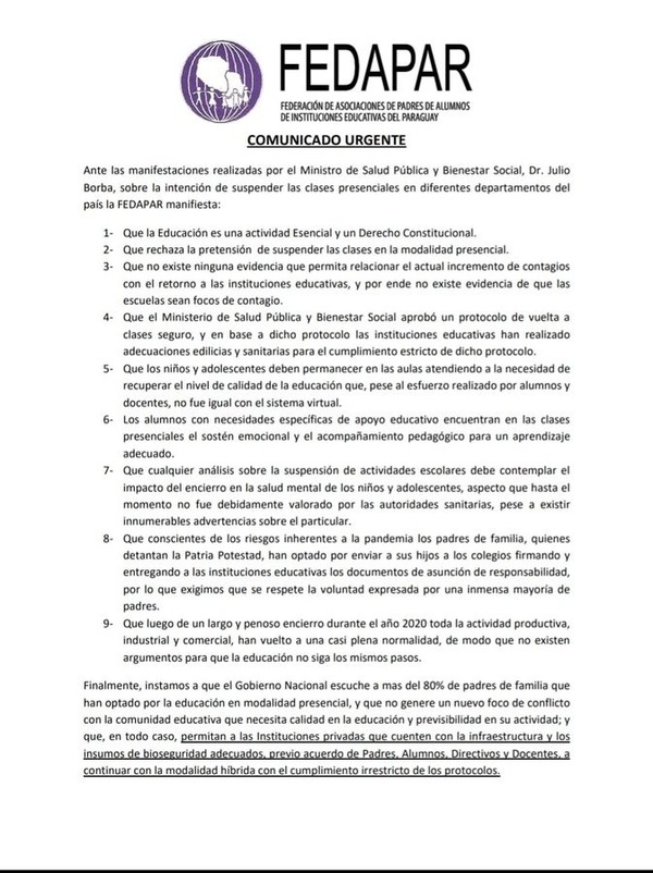 Suspensión de clases presenciales: Fedapar pide que medida no sobrepase los 15 días