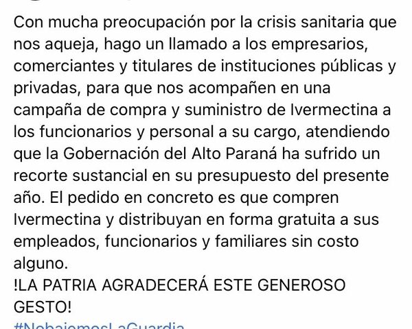 Gobernador pide que patrones compren ivermectina y distribuyan a empleados