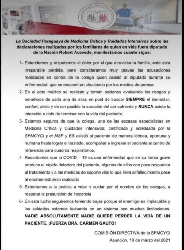 La Sociedad Paraguaya de Medicina Crítica defiende a la especialista en cuidados intensivos, Carmen Gauto.