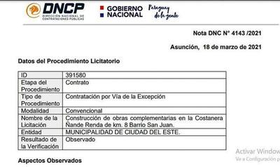 Contrataciones cuestiona adjudicación por vía de la excepción para más obras en costanera y falta de especificaciones técnicas