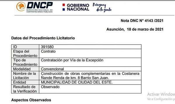 Contrataciones cuestiona adjudicación por vía de la excepción para más obras en costanera y falta de especificaciones técnicas