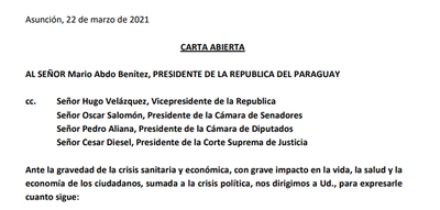 Contundente Carta Abierta a poderes del Estado exige reformas y fin de privilegios