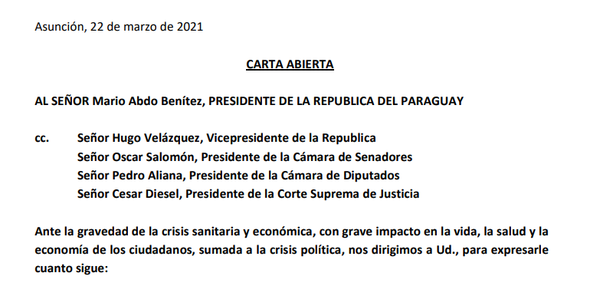 Contundente Carta Abierta a poderes del Estado exige reformas y fin de privilegios