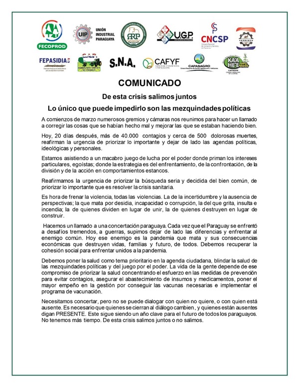 Gremios de la producción y la industria llaman a la unidad para salir de la crisis - El Trueno