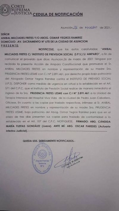 Jueza ordena que paciente con COVID ingrese a terapia, pero no se cumple la orden por falta de cama Hospital Viva Vida de la ciudad de Pedro Juan Caballero