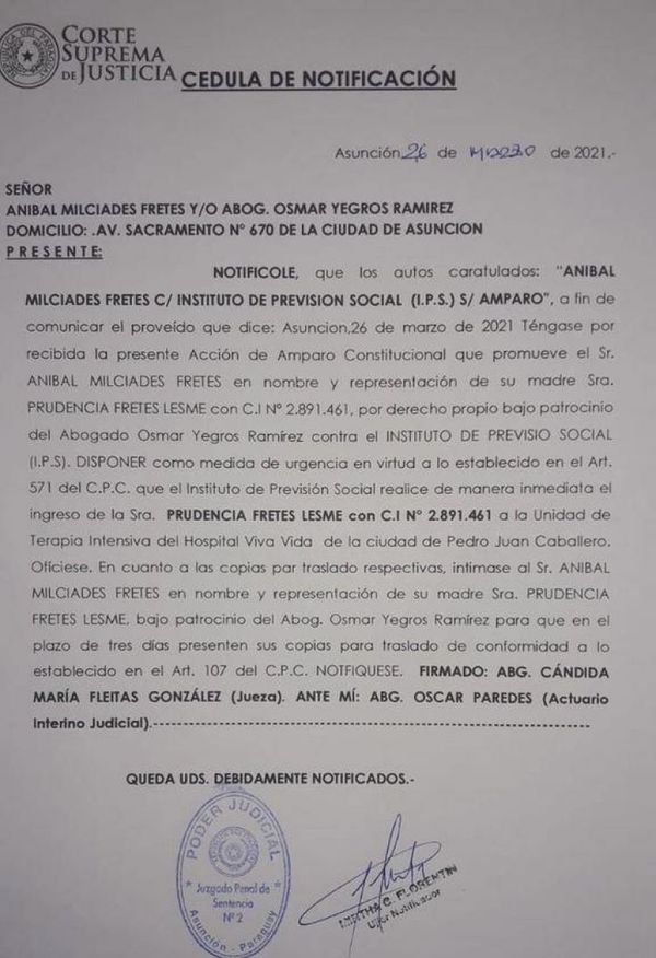 Jueza ordena que paciente con COVID ingrese a terapia, pero no se cumple la orden por falta de cama Hospital Viva Vida de la ciudad de Pedro Juan Caballero