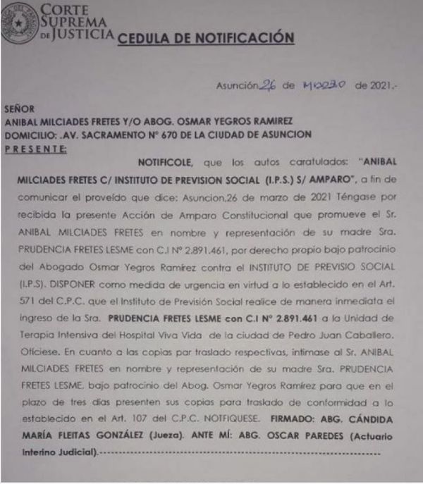 Jueza ordena que paciente con COVID ingrese a terapia, pero no se cumple la orden por falta de cama en el Hospital Viva