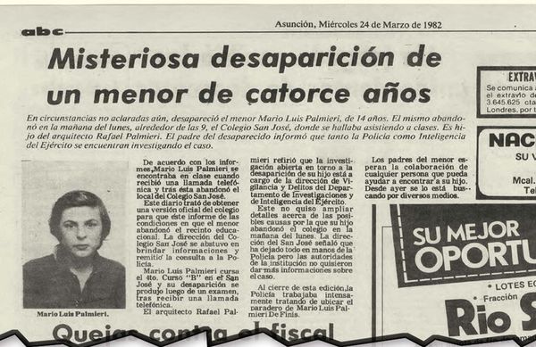Hace 39 años secuestraron, torturaron y mataron al niño Mario Luis Palmieri - Nacionales - ABC Color