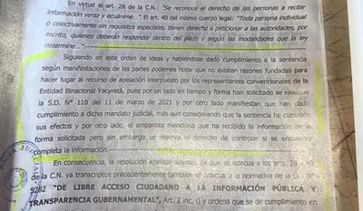 Cámara de Apelaciones resuelve que la EBY cumplió con ley de Acceso a la Información