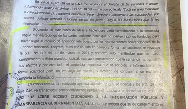 Cámara de Apelaciones resuelve que la EBY cumplió con ley de Acceso a la Información