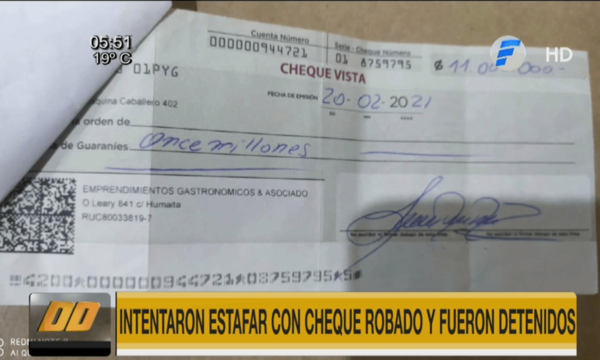 Intentaron estafar con cheque robado y fueron detenidos - Telefuturo