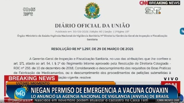 Niegan permiso de emergencia a Vacuna COVAXIN - SNT