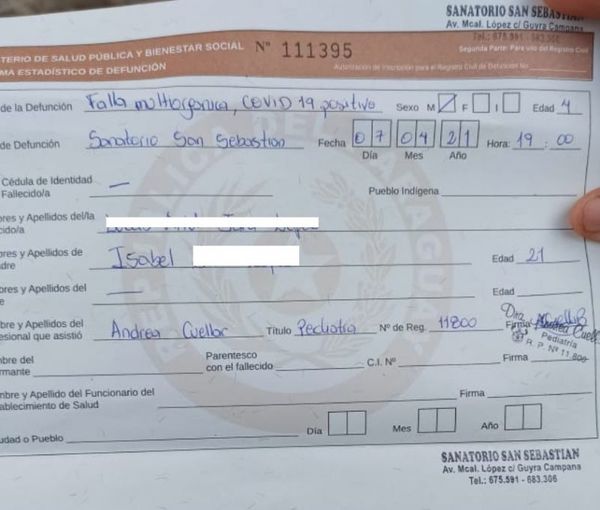 Certifican que niño de 3 años murió por Covid-19, familiares dudan