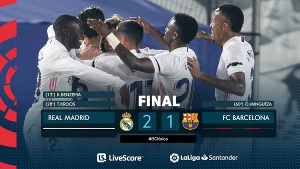 El Real Madrid vence 2-1 al F.C. Barcelona y se lleva el clásico