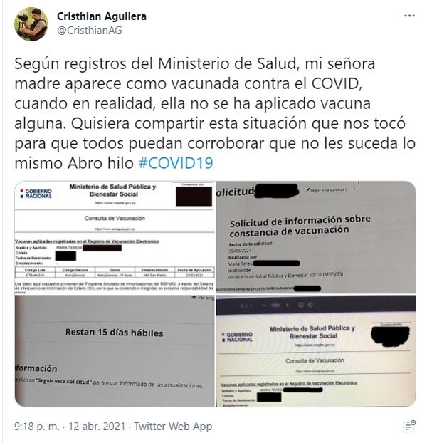 Denuncia registro “mau” de su madre entre supuestas vacunadas  - Nacionales - ABC Color