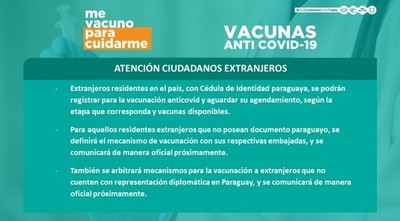 Extranjeros con cédula paraguaya podrán registrarse para recibir vacuna contra el covid-19