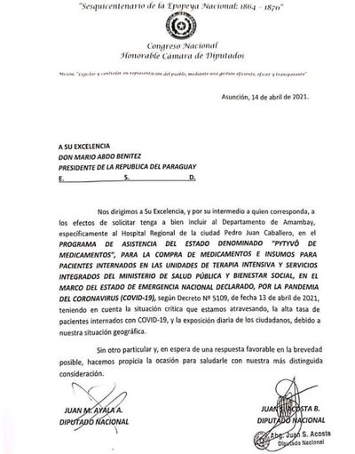 Diputados por Amambay piden que el departamento de Amambay sea incluido en en Programa Pytyvo medicamentos