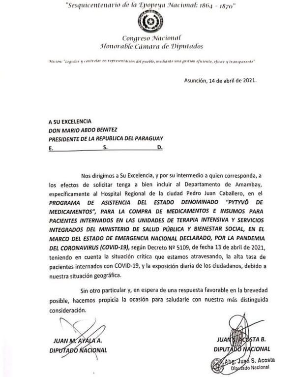 Diputados por Amambay piden que el departamento de Amambay sea incluido en en Programa Pytyvo medicamentos