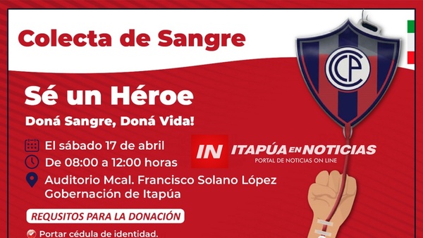 INVITAN A SUMARSE A LA COLECTA DE SANGRE ESTE SÁBADO EN SEDE DE LA GOBERNACIÓN DE ITAPÚA.