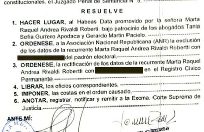 Justicia ordena a la ANR que elimine afiliación irregular de una ciudadana - Nacionales - ABC Color