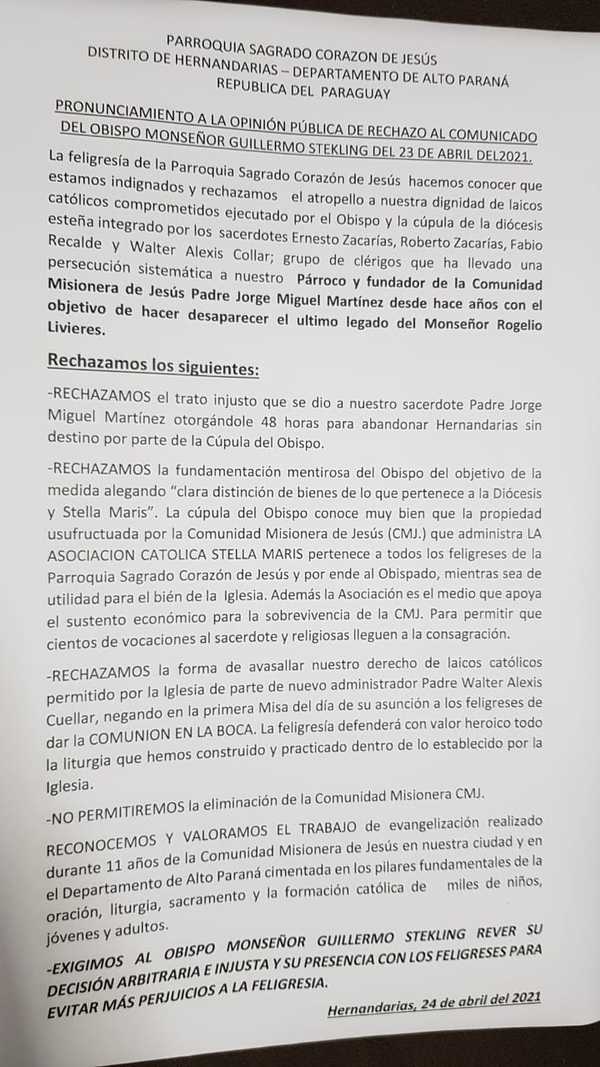 Laicos manifiestan rechazo a expulsión de sacerdote, en Hernandarias - ADN Digital