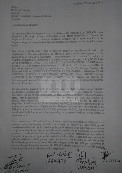 Funcionarios de Fepasa urgen pago de salarios caídos