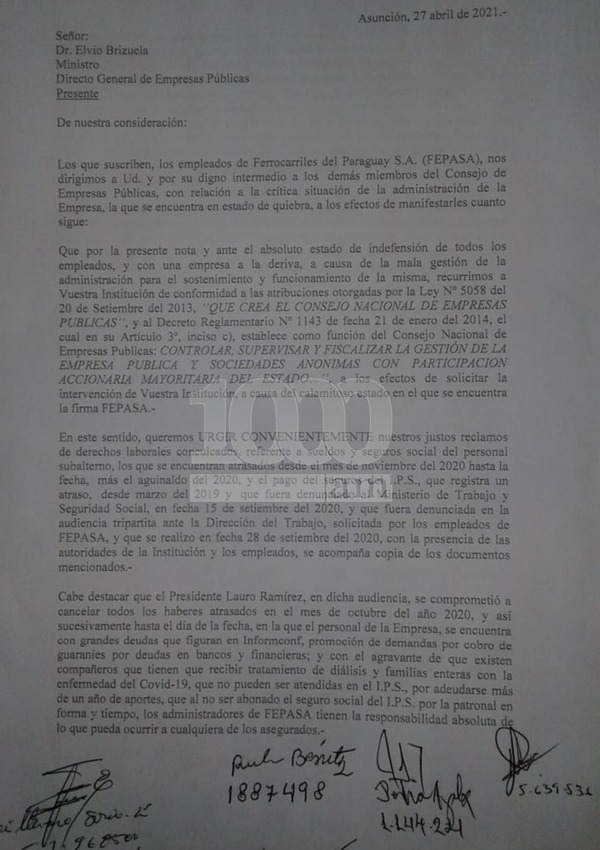 Funcionarios de Fepasa urgen pago de salarios caídos