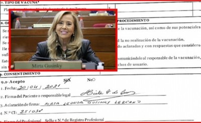 Divulgan documento que certificaría vacunación de la senadora Gusinky