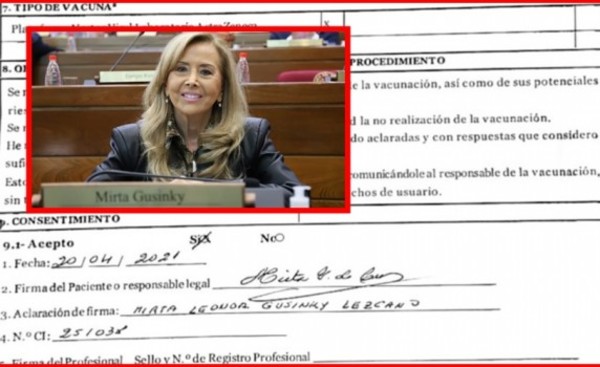 Divulgan documento que certificaría vacunación de la senadora Gusinky