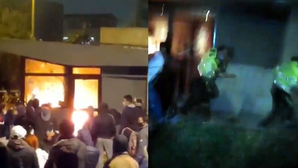 Vándalos intentaron quemar vivos a 10 policías en un CAI en Bogotá