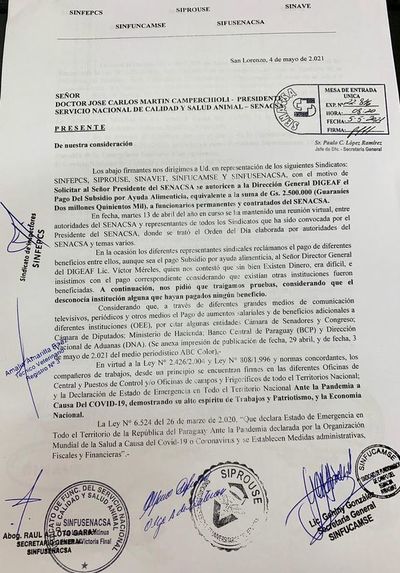 Funcionarios de Senacsa también piden bonificación extra de G. 2.500.000 - Nacionales - ABC Color