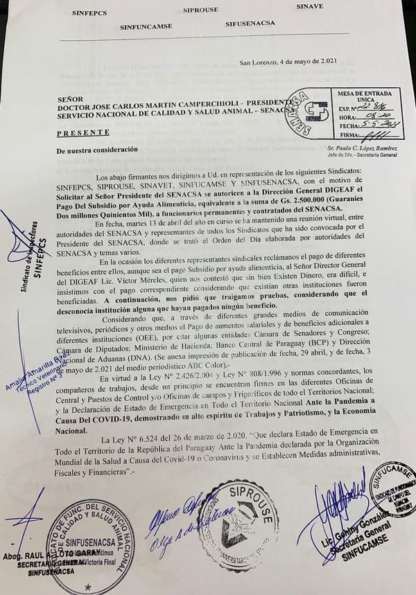 Funcionarios de Senacsa también piden bonificación extra de G. 2.500.000 - Nacionales - ABC Color
