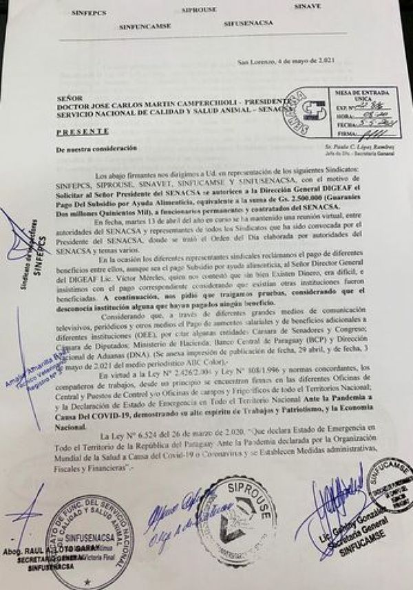 Funcionarios de Senacsa piden bonificación de G. 2.500.000 por ayuda alimentaria