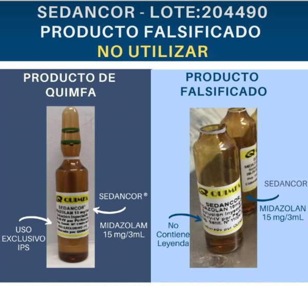 Alertan circulación de ampollas falsificadas de midazolam