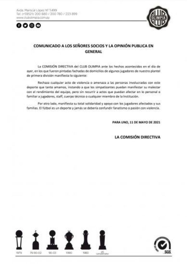 Olimpia rechaza amenazas a jugadores
