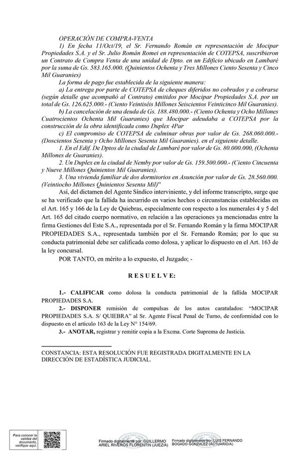 Juzgado califica de “dolosa” la quiebra de Mocipar Propiedades - Nacionales - ABC Color