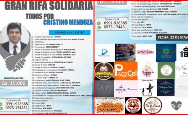 Rifa con 32 premios para cubrir gastos médicos de Cristino Mendoza