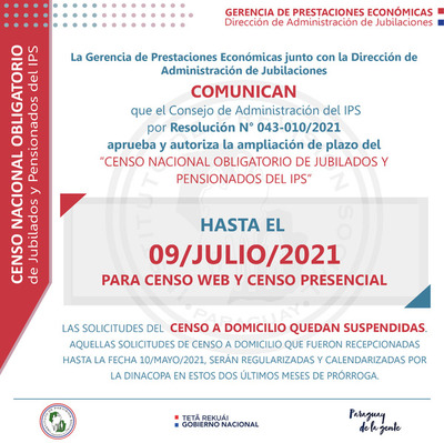 Extienden censo de jubilados del IPS hasta julio