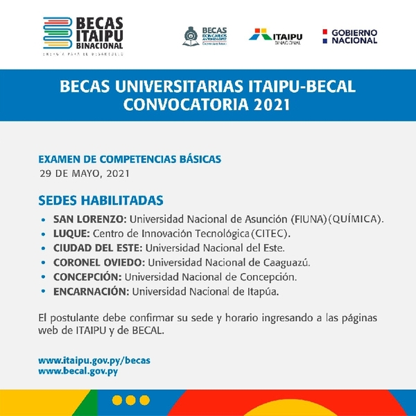 Examen para becas Itaipu-Becal se desarrollará en varias sedes habilitadas | .::Agencia IP::.