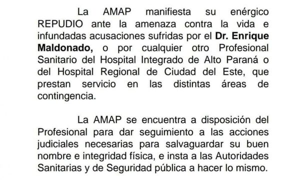 Denuncian amenaza a médico por parte de familiar de paciente con Covid