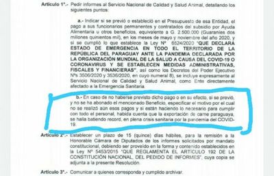 Diputados pide informe al Senacsa si se pagó o no gratificaciones a funcionarios